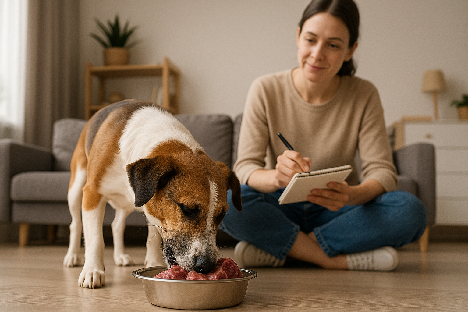 dog eating raw meat, owner writing to paper notes while watching dog